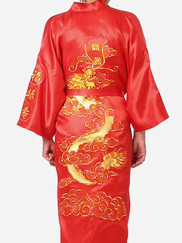 Hot Sale Burgundy Chinese Men Silk Satin Robe Novelty Traditional Embroidery Dragon Kimono Yukata Bath Gown Size M L XL XXL XXXL