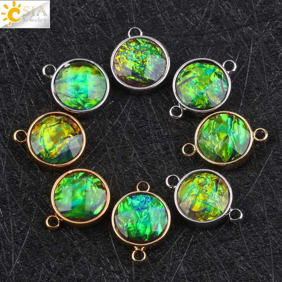 CSJA 1pc Ammolite Connector Silver Color Round Charms for DIY Making Bracelet Necklace Earrings Accessories Crafts Jewelry G090