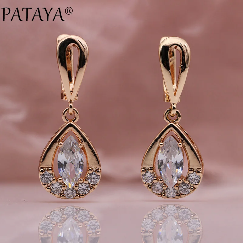 PATAYA Exclusive Design 585 Rose Gold Color Drop Earrings Horse Eye Rhombus Natural Zircon Earrings Women Wedding India Jewelry