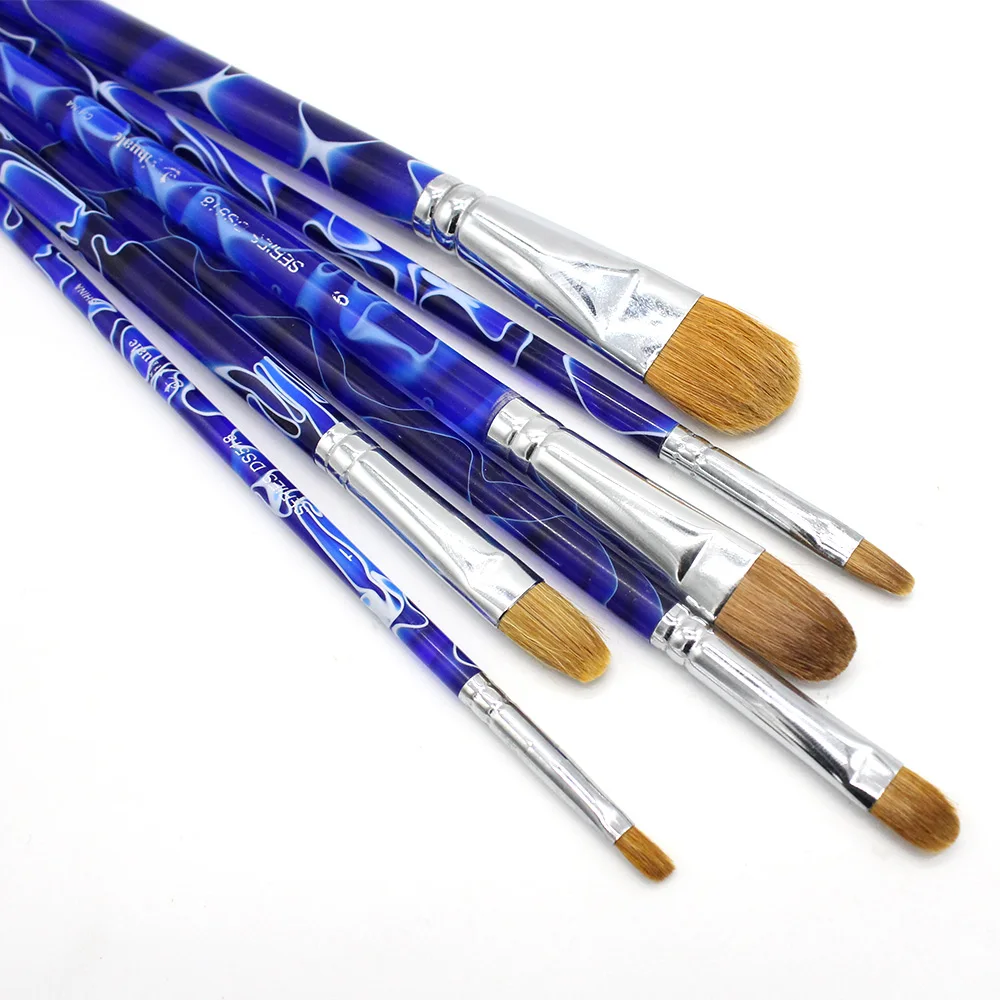 

6 pcs Set Blue Acrylic Handle Filbert Weasel Hair Brushes Artist's Paintbrush Pen Watercolor Painting Oil Painting For Art