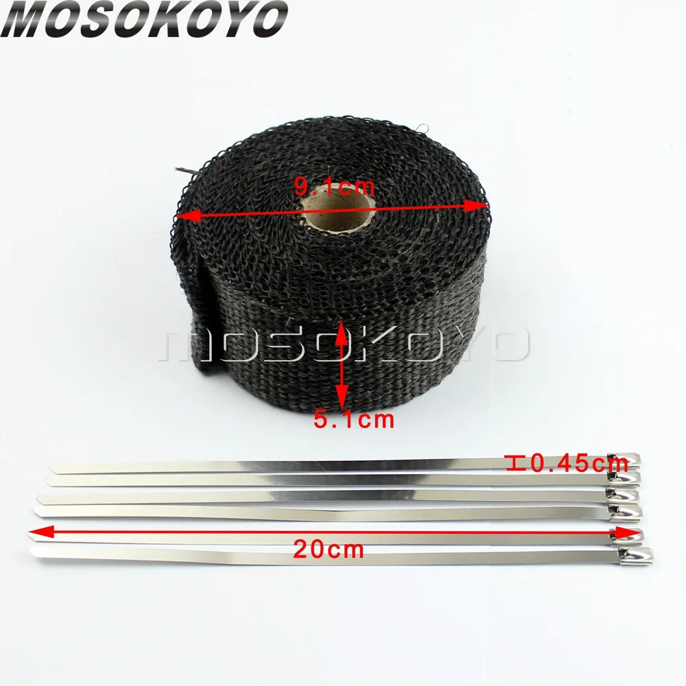 5m*5cm Motorcycle Thermal Exhaust Header Heat Wrap Heat Insulating Wrap Roll Tape Fiberglass Heat Shield Tape w/ Stainless Ties