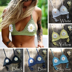 Top de Bikini Sexy con cuello Halter para mujer, Top corto de punto en V, camisola de ganchillo, sujetador calado de encaje, 9 colores, 2019