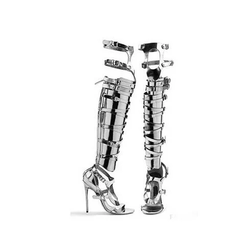 Big Size 10 Cheap Price Hottest Gold Silver Patent Leather Gladiator Sandals Boots For Women Cut-out Knee High Sandals Boots