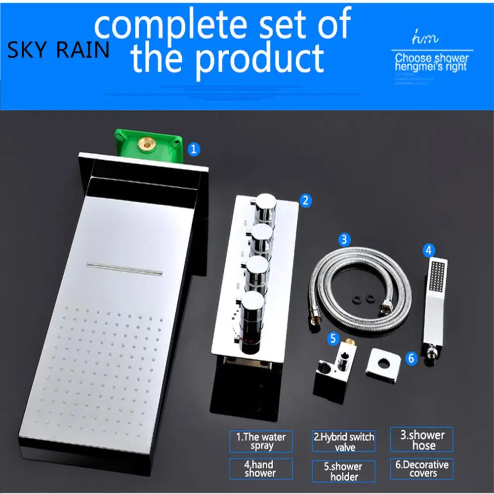 2024 Bathroom Wall Mounted Modern Style Multi Function Rainfall Waterfall Shower Head Panel Set Thermostatic Mixer High Flow