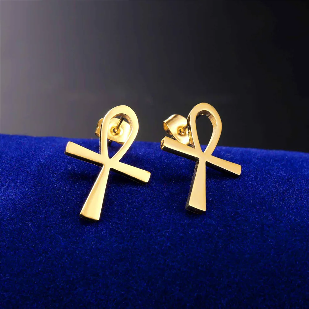 Kpop Religious ANKH Cross Charm Earring Gold Color Egyptian Peace Faith Key Of Life Pend Stainless Steel Stud Earring E2125