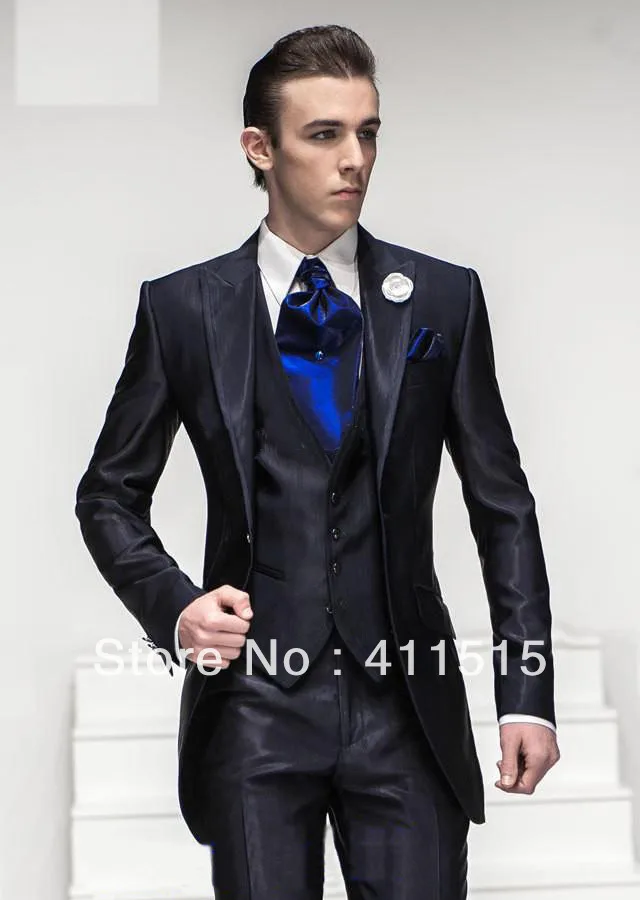 

FREE SHIPPING/CUSTOM made cheap Black Peak Lapel Groom Tuxedos Groomsmen Men Wedding GROOM WEAR dress Bridegroom SUITS