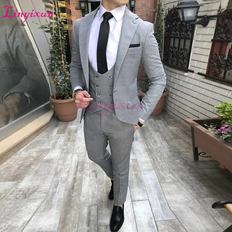 

Latest Coat Pants Designs Elegant Grey Men Suits Double Breasted Vest Slim Fit Suit For Business 3 Pieces Wedding Classic Tuxedo
