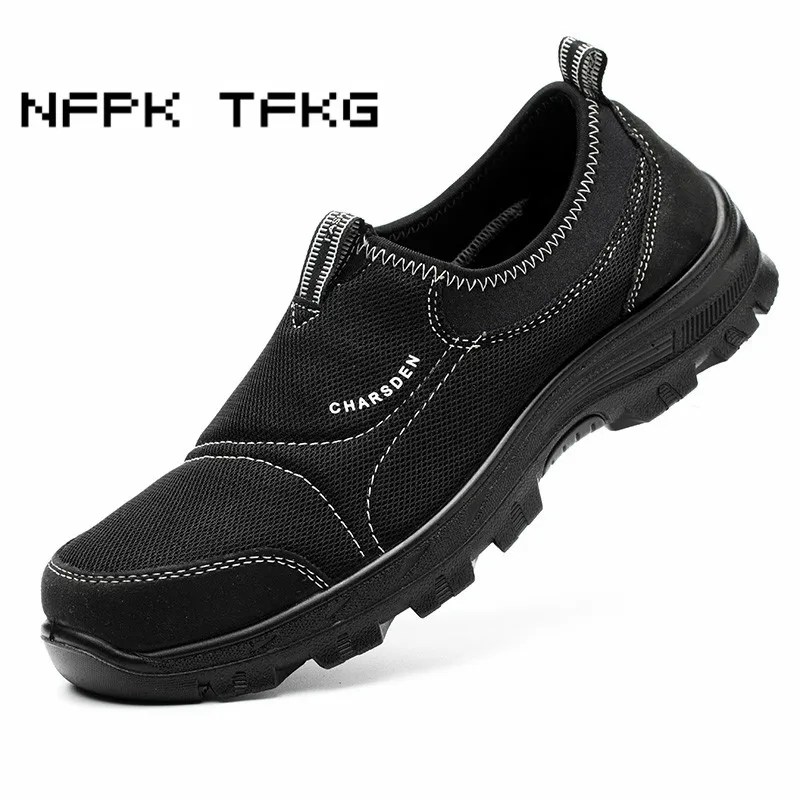 high quality mens casual large size breathable steel toe cap working safety shoes slip-on iron midsole comfort security boots