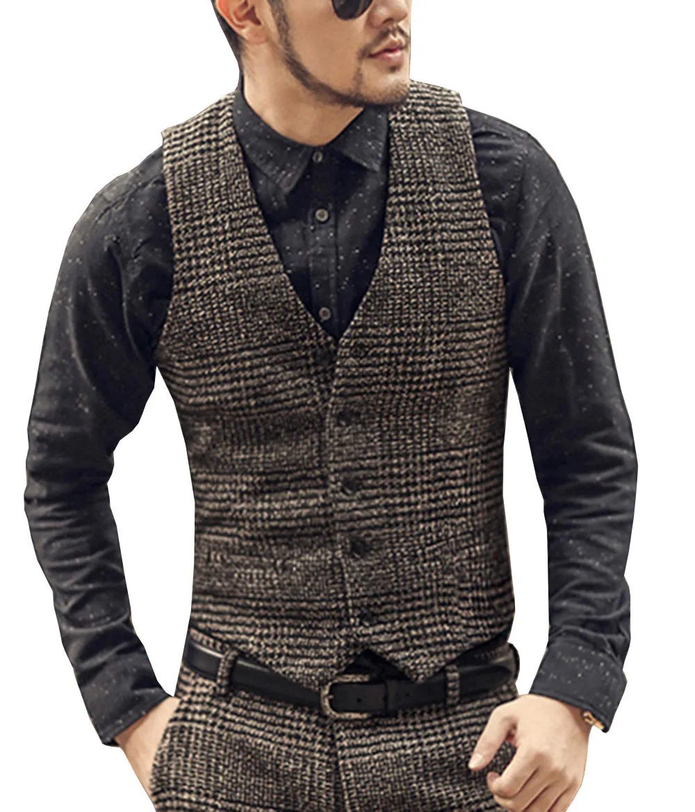 Mens Suit Vest Single-breasted V คอลายสก๊อตเสื้อกั๊ก Casual ธุรกิจอย่างเป็นทางการเจ้าบ่าวสําหรับงานแต่งงานสีน้ําตาล/สีเทา