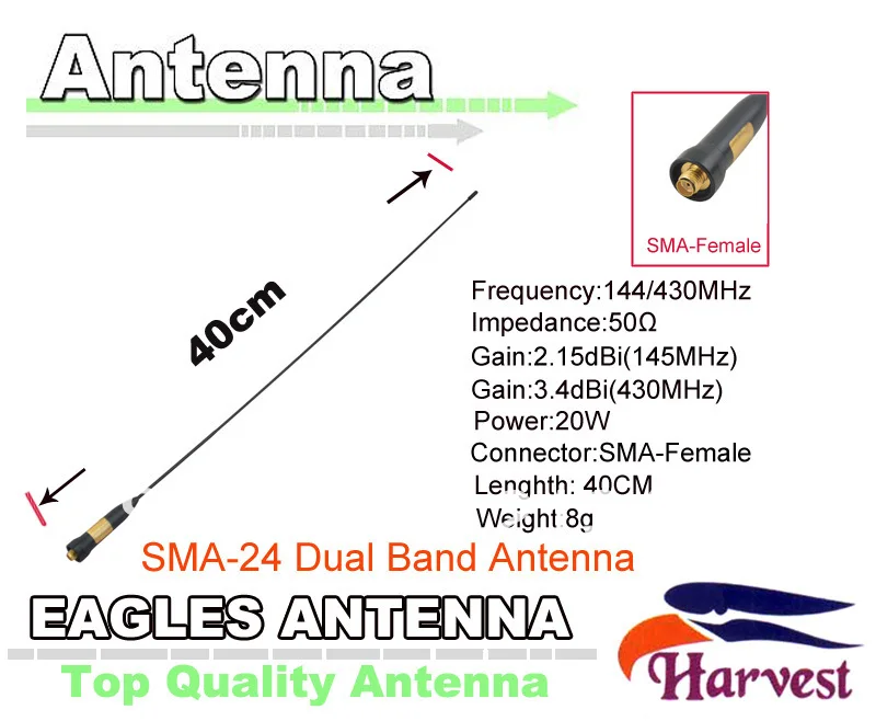 

SMA-Female Connector Original Harvest SMA-24 Dual Band 144/430MHz 2.15dBi(145MHz)/3.4dBi(430MHz)Commercial Handy eagles Antenna