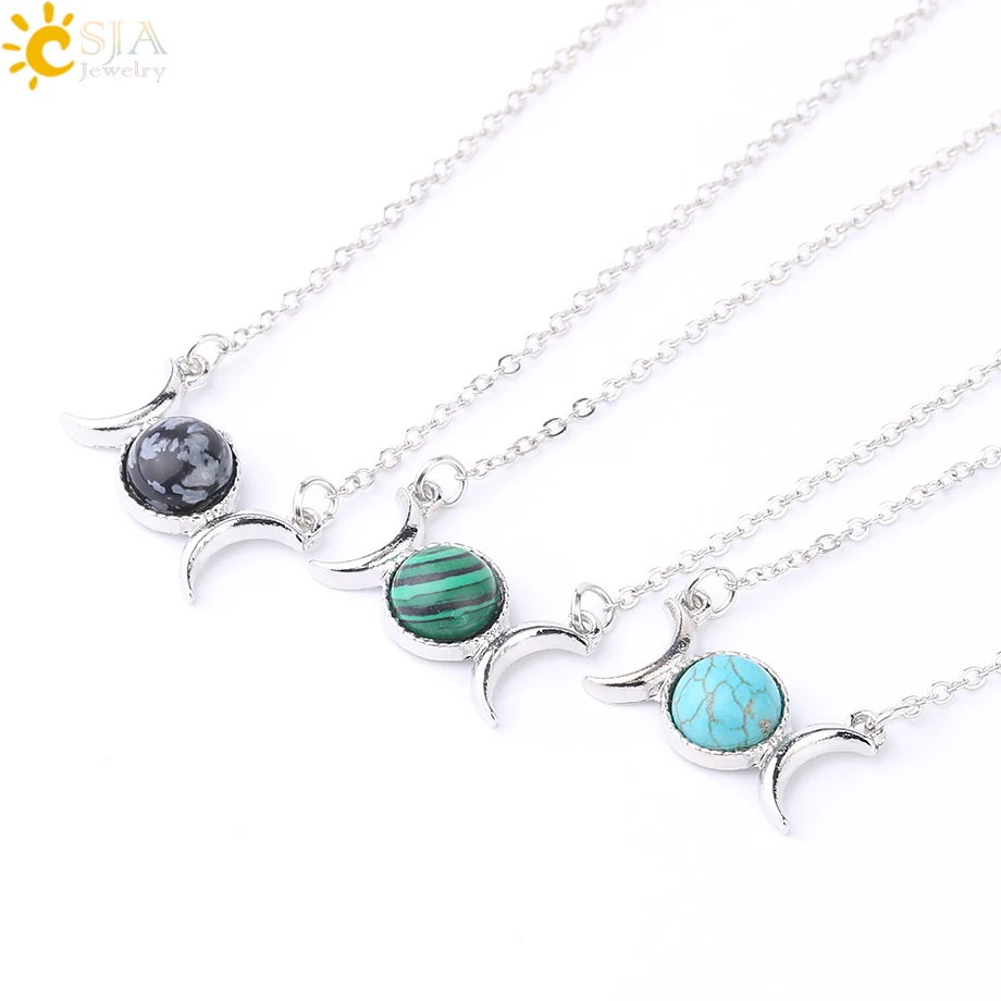 CSJA Vintage Crescent Clavicle Necklace Moon Sun Pendants Silver Color Choker Natural Stone Short Necklaces for Women Girls F707