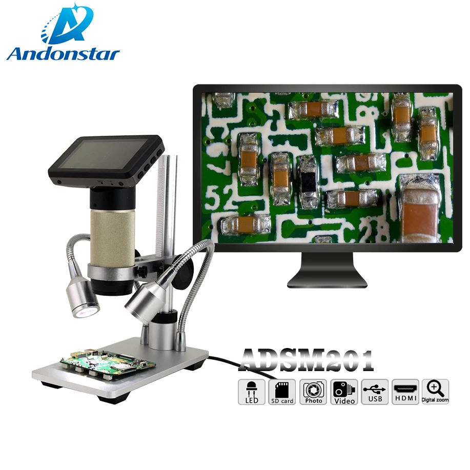 Andonstar hdmiデジタル顕微鏡、長いオブジェクト距離、PCBはんだ付け用USB顕微鏡、拡大鏡ツール、adsm201、300x
