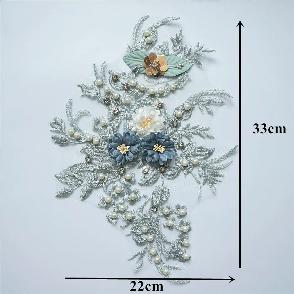 33CM Grey Fabric 3D Flowers Beads Rhinestone Sequins Appliques Lace Trims Embroidery Mesh Sew On Patches For Wedding Decoration