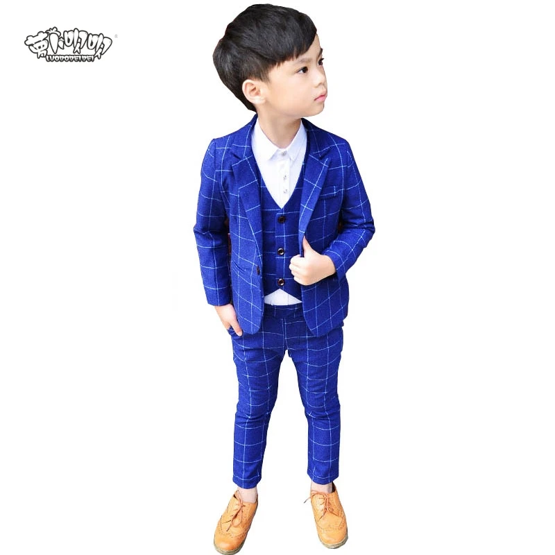 New 3Pcs Kids Plaid Wedding Blazer Suit Brand Flower Boys Formal Tuxedos School Suit Child Party Dress Clothing Set Costume N67