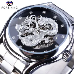 Forsining-Reloj de pulsera automático para hombre, cronógrafo con diseño de dragón clásico, de acero inoxidable, plateado, con diamantes