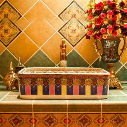 

Jingdezhen handmade bathroom washbasin, ceramic wash basin, European washbasin, rectangular Kroraina Teng pattern