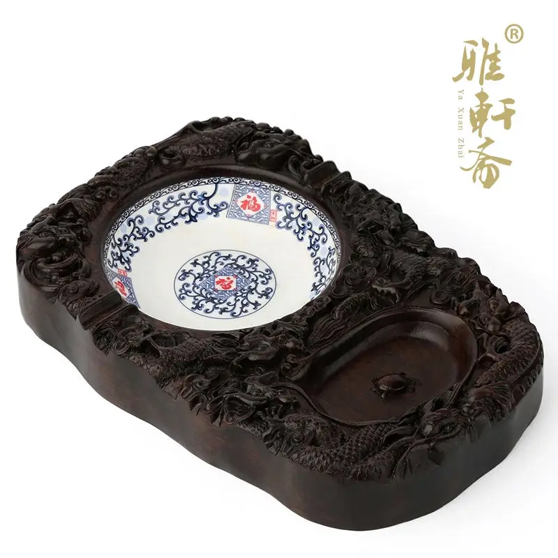 Large ceramic ashtray TZ Zhai rosewood ebony wood Chinese blue and white porcelain ashtray fashion creative personality