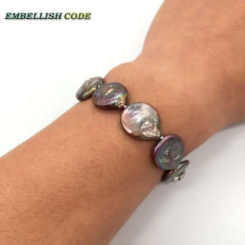 baroque pearl simple classic brown coffee color bracelet round coin flat shape natural freshwater pearls fold face