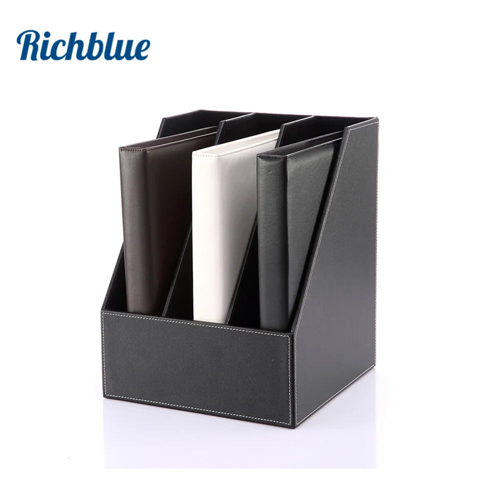 3 Compartments File Holder PU Leather Desk Organizer Document Tray Storage Box Cubbyhole Pigeonhole Wood Magazine Rack