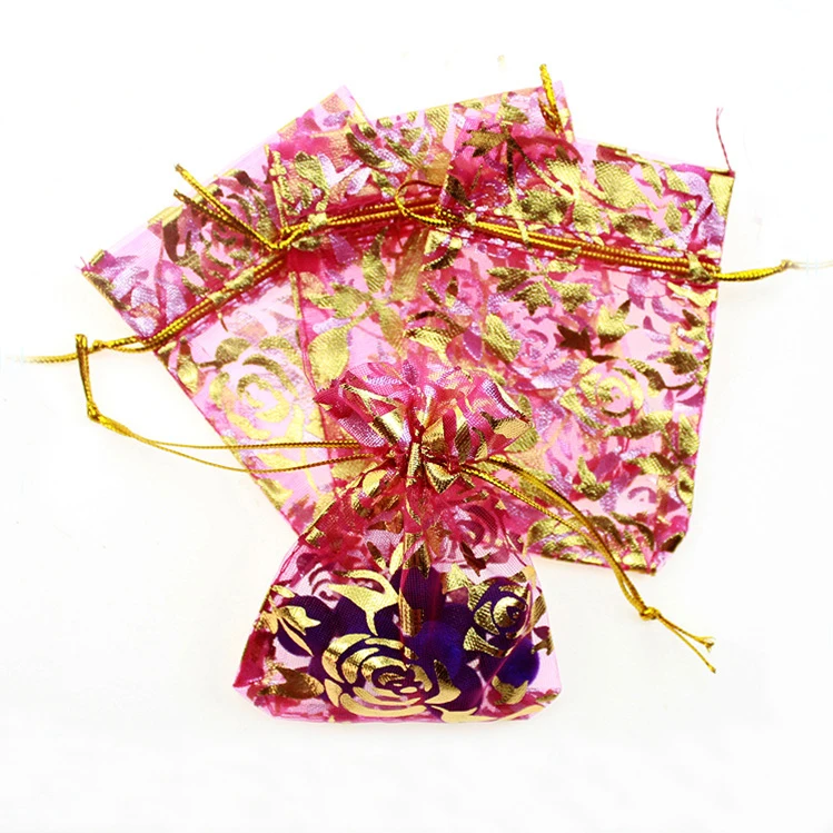 

17*23cm 50pcs Rose Golden Rose Gift Bags For Jewelry/wedding/christmas/birthday Yarn Bag With Handles Packaging Organza Bags