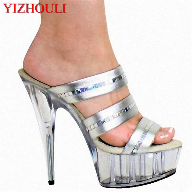 6 inch silver sheer high heel sandals, 15 cm high sexy, banquet stage performance style slippers