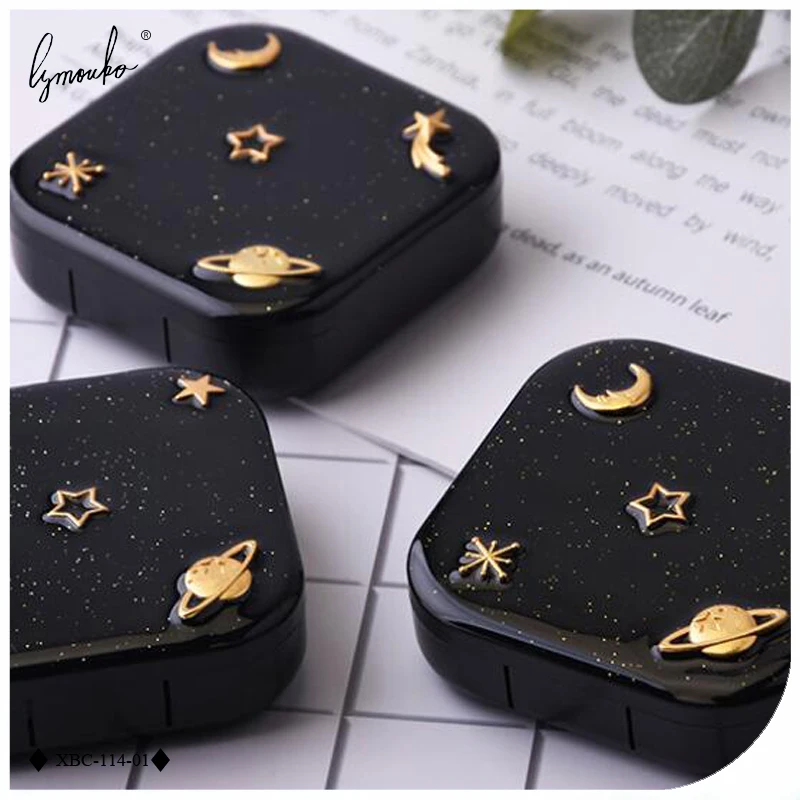 Lymouko High Quality Moon Star Space Black with Mirror Contact Lens Case for Women Kit Holder Portable Contact Lenses Box