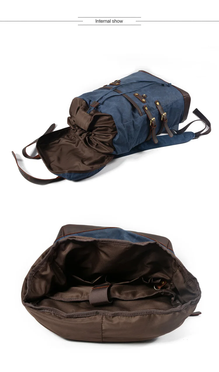 MUCHUAN 15.6 "Laptop Rucksack Vintage Große Kapazität Öl Wachs Wasserdichte Rucksäcke Teenager Leinwand Leder Kordelzug Rucksäcke – Detail 3