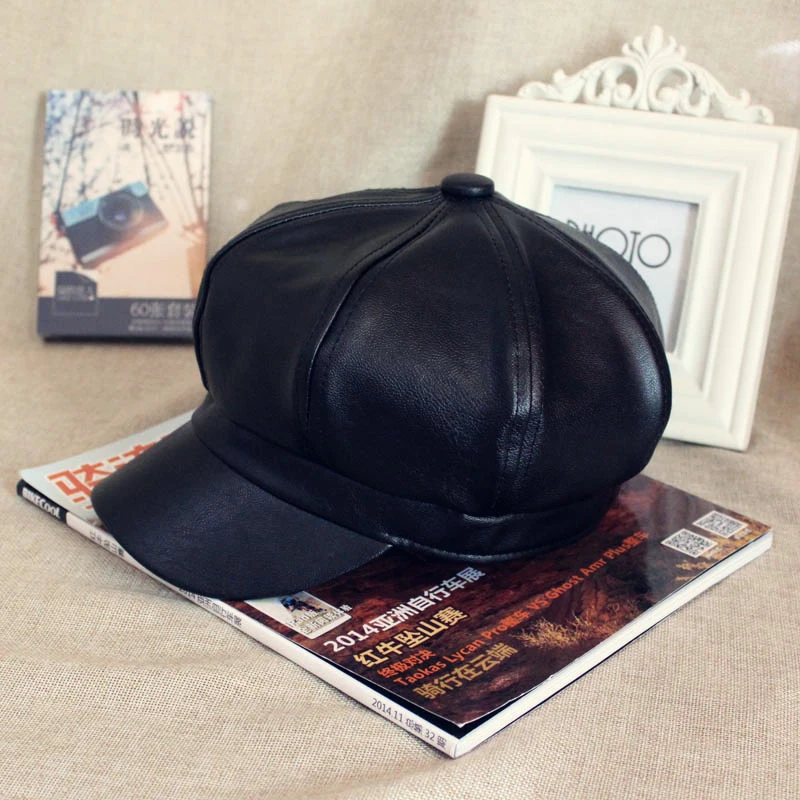 HT1368 Plain Leather Beret Caps Men Women Vintage Artist Painter Octagonal  Caps Solid Autumn Winter Hats Black Red Grey