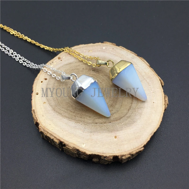 

MY0929 Opal Pendulum Cone Pendant Point Opalite Silver Or Gold Chain Necklace