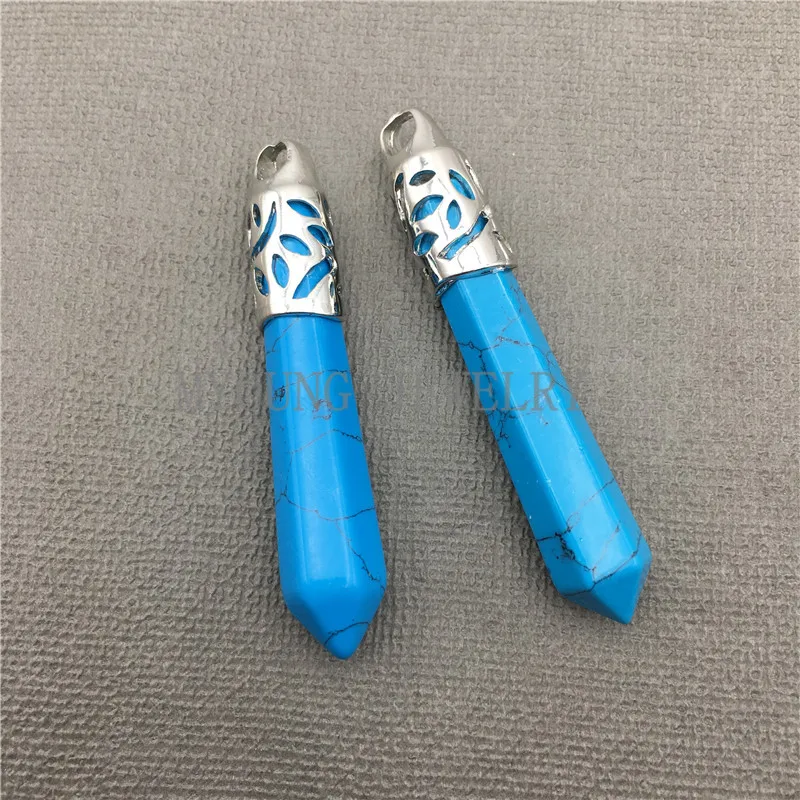 

MY0605 Blue Howlite Spike Pendant Charm with Silver Plated Incised Cap ,Stick Pendant For Jewelry