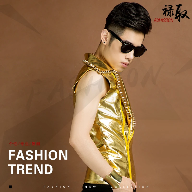 S-5xl ! 2021 Dj Men's Fashion New Men Singer Costumes Ds Rivet Leather Vest Plus Size Stage Singer Costumes Clothing