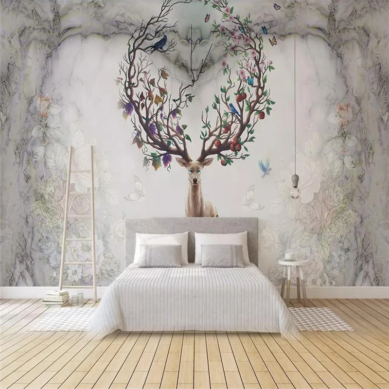 

Decorative wallpaper Norse nostalgia vintage moose marble backdrop murals