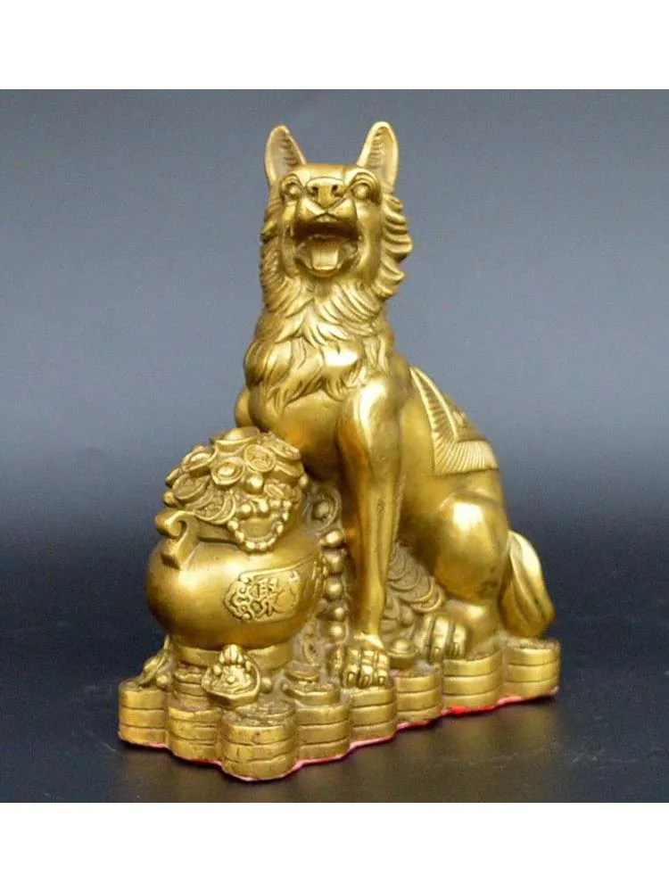 Chinese collection handwork brass Copper money Yuanbao dog statue