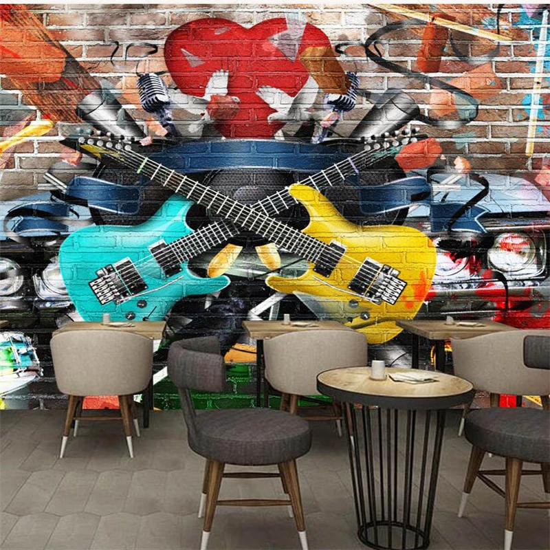 wellyu papel de parede para quarto Custom wallpaper  3D Stereo Brick Wall Graffiti Guitar Bar KTV Mural Background Wall