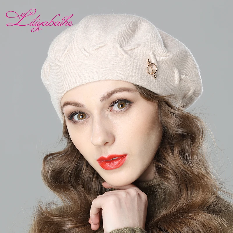 Liliyabaihe New women winter hat Wool knit berets, caps latest popular decoration solid colors fashion lady hat