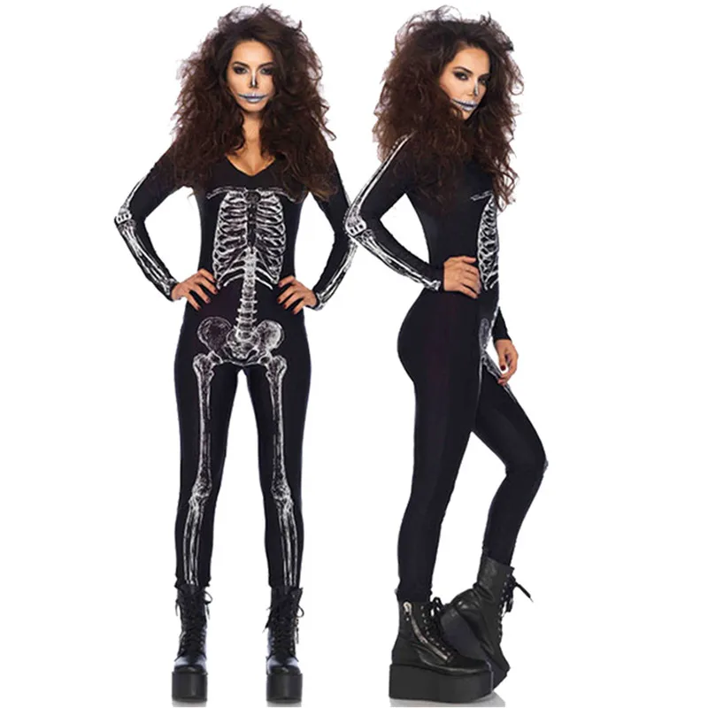 Skeleton Cosplay Costume Adult Halloween Women Rompers Skin-tight Scary Skull Jumpsuit Carnival Party Sexy Black Bodysuits