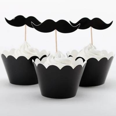 24 ชิ้น/เซ็ต Mr. beard กระดาษสีดํา Cupcake Wrappers และ Toppers สําหรับเด็กผู้หญิงวันเกิดตกแต่ง Cakecup Picks Toppers