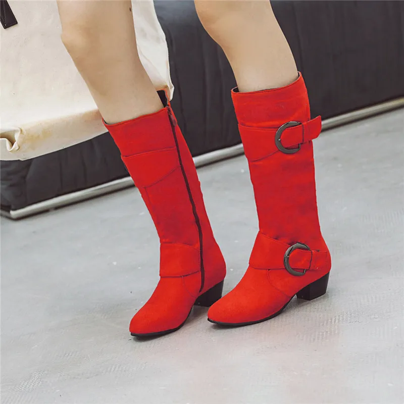 

YMECHIC 2023 Autumn New Women Boots Mid Calf High Botas Flock Black Red Gray Blue Buckle Strap High Block Heels Ladies Shoes