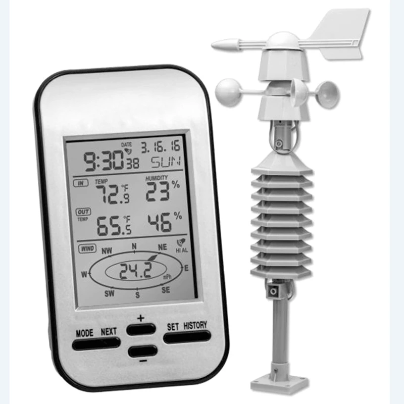 Wireless Weather Station Clock Dual Mount Wind Sensor LCD Outside Wind Speed Direction Home Chill Temperature Humidity Meter