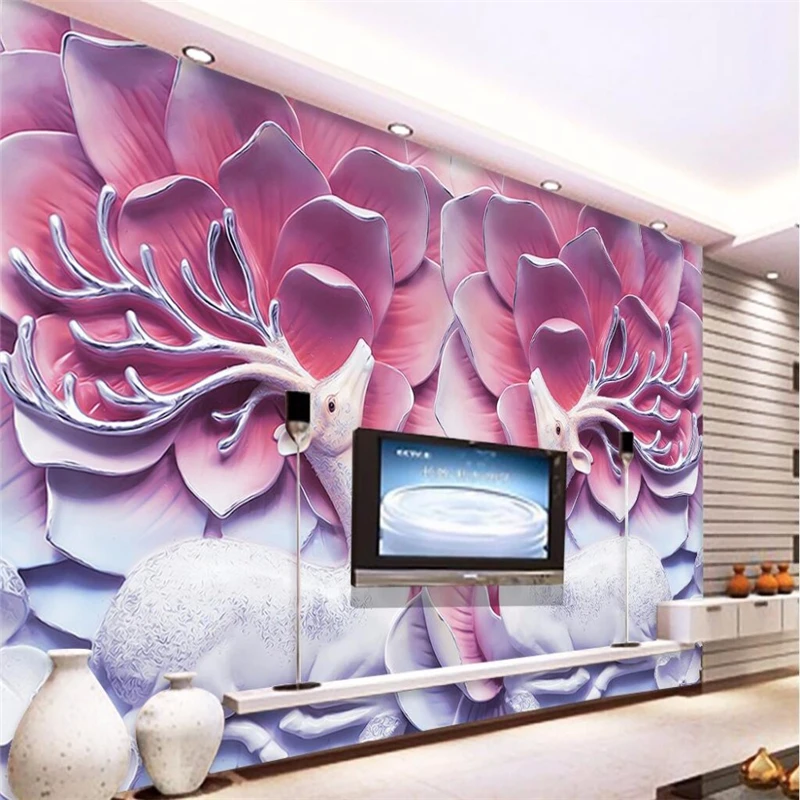 

beibehang wall painting art background photography Deer pink flower modern relief hotel badroom wallpaper mural for living room