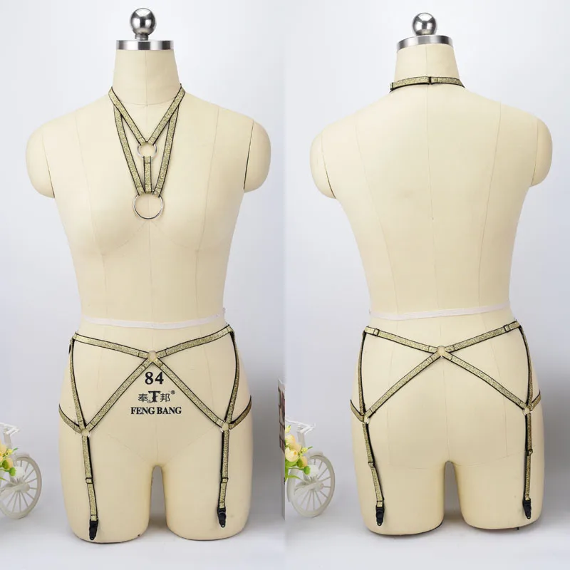 

Women Sexy Bodysuit Gold Crop Top Harness + Bottom Panties Polyester Bondage Harness Fetish Wear Body Cage Pole Dance Costumes