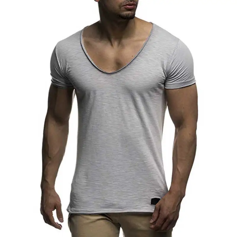 Casual T Shirt Men Thin Style Summer Short Sleeve Men\'s T-shirts Fashion V-neck Slim Fit Solid Color Tops Tees Shirt Man MY070