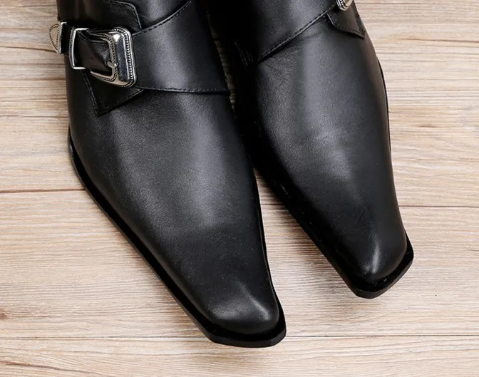 Fashion Genuine Leather Metal Buckle Men\'s Dress Shoes Formal Wedding Office Man Black Pointed Toe Business Luxury Shoes 38-46