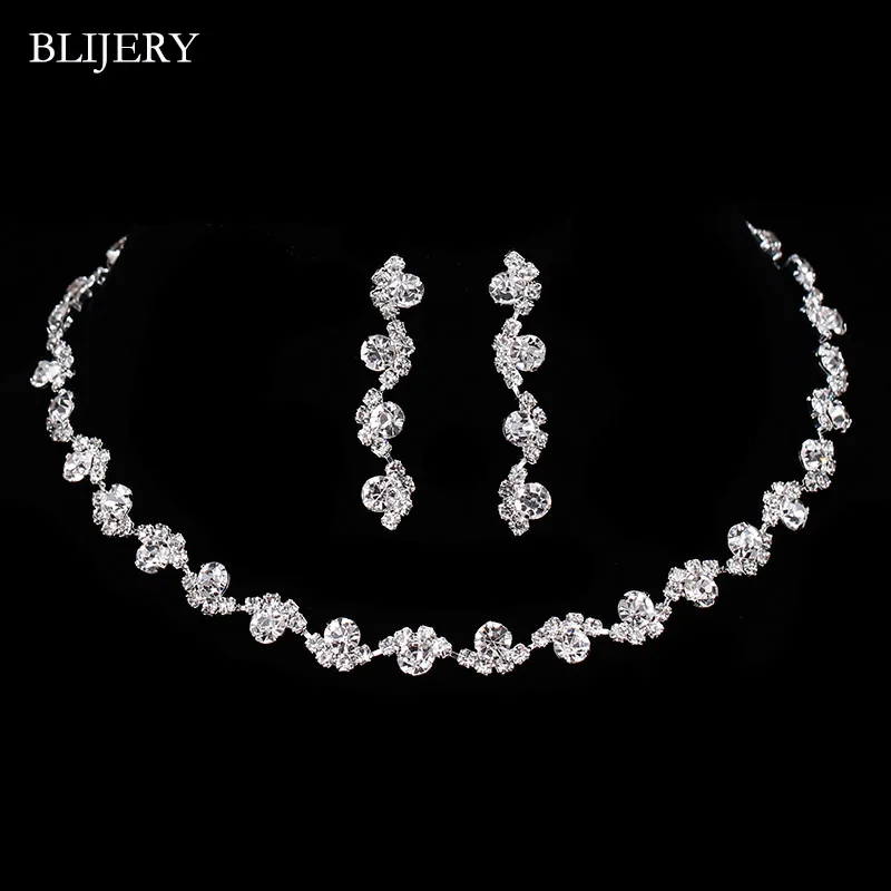 BLIJERY Silver Color Rhinestone Crystal Choker Necklace Earrings Set for Women Floral Bridesmaid Bridal Wedding Jewelry Sets