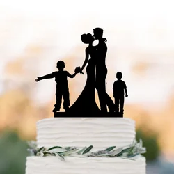 Family Wedding Cake topper, Couple with two boys silhouette Cake topper , Bride and Groom unique and funny wedding cake decor
