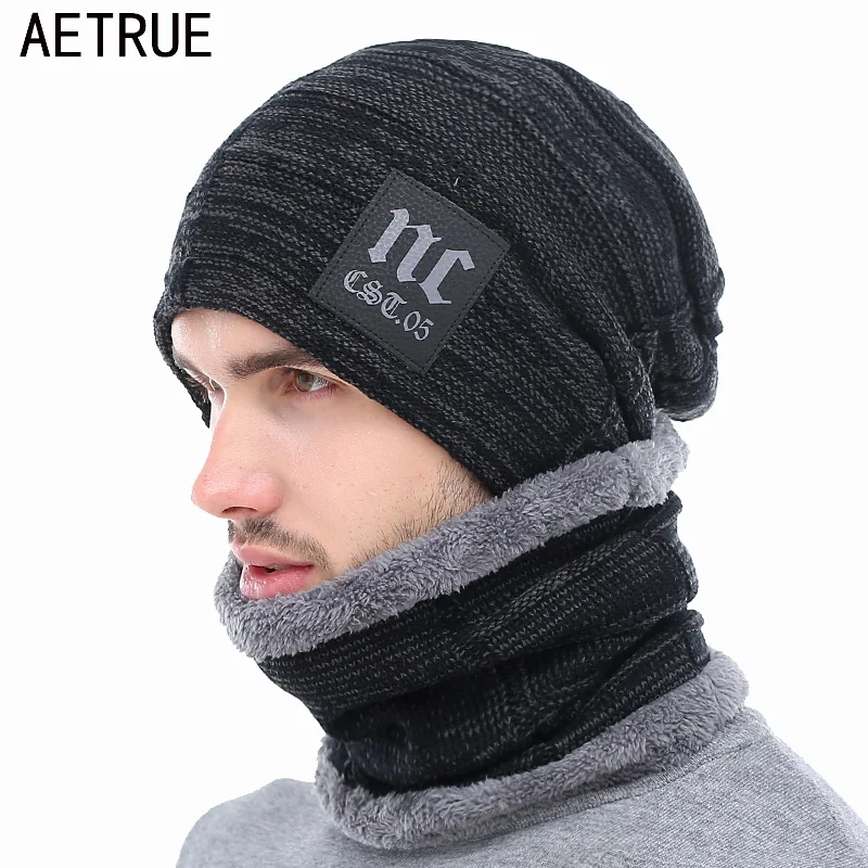 AETRUE Winter Knitted Hat Beanies Men Women Scarf Caps Mask Gorras Bonnet Warm Baggy Winter Hats For Men Skullies Beanies Hats