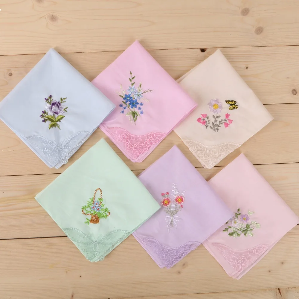 Flower Embroidered Handkerchief for Women, Vintage Cotton, Butterfly Lace, Flower, Assorted Women's Handkerchief 28cm, 4 Pcs