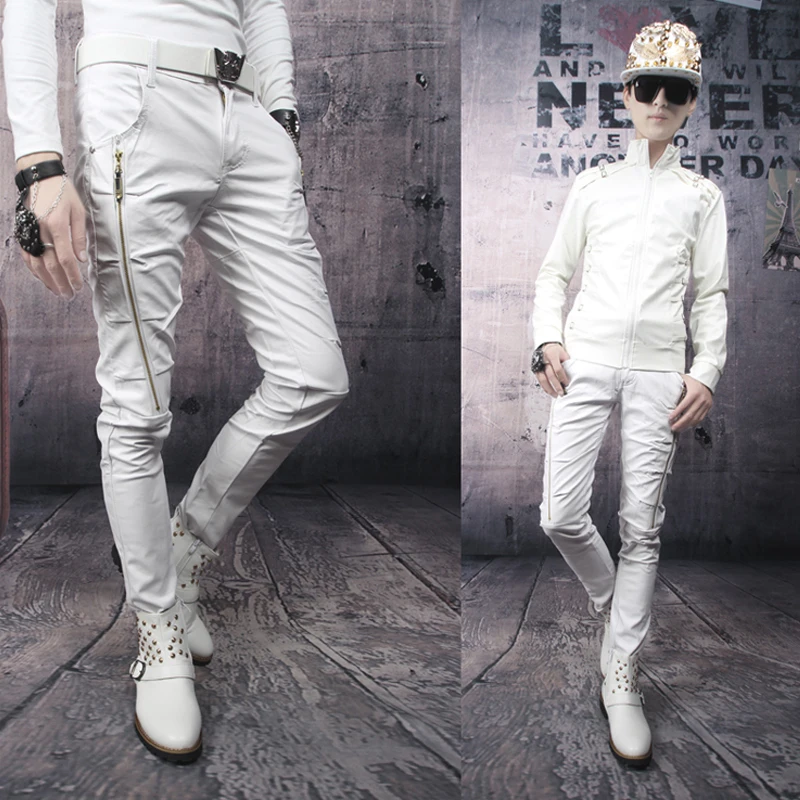 27-46 2024 Men's New Fashion Personality Slim Zipper Tight Motorcycle Leather Pants Trousers Singer Costumes Trousers Clothing