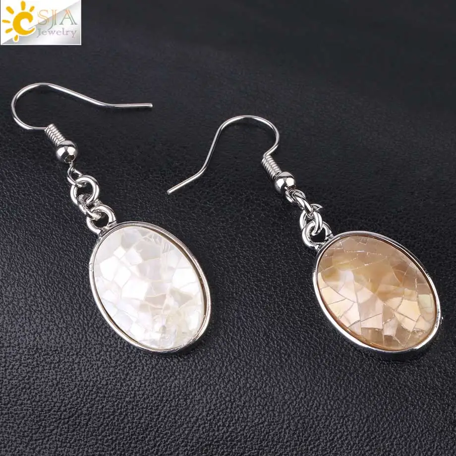 CSJA Natural Seashell Earrings Pink White Abalone Shell Egg Shape Dangle Drop Earring for Women Casual Beach Summer Jewelry F981 image 4