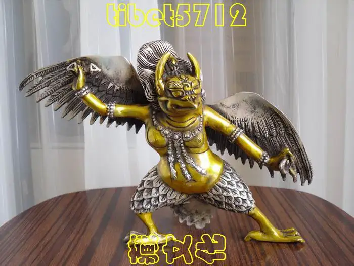 

Высота 150 мм декорированная статуя тибетского буддизма Серебряная Божья расписанная Бронзовая статуя гаруды птица Бог опт украшение настоящая Серебряная латунь